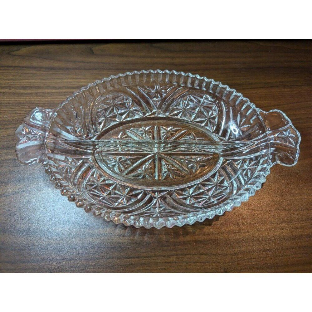 Vintage Anchor Hocking Clear Glass Stars and Bars Divided Relish Dish